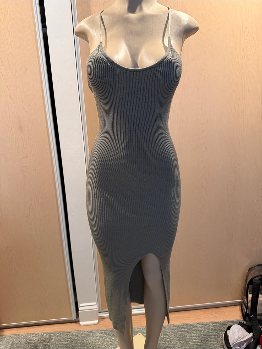 LPA Olive Ribbed Spaghetti-Strap Midi Dress